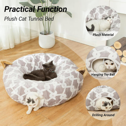 LUCKITTY Cat Tunnel Bed 🐾✨ Plush Cozy Hideaway with Fuzzy Ball Toy for Small Pets