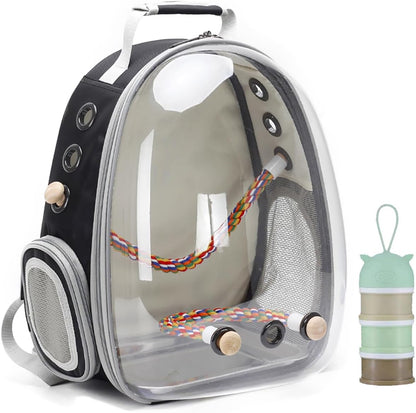 Bird Travel Backpack 🚀🐦 Clear Capsule Carrier w/ Perch, Tray & Vent Holes – Lightweight