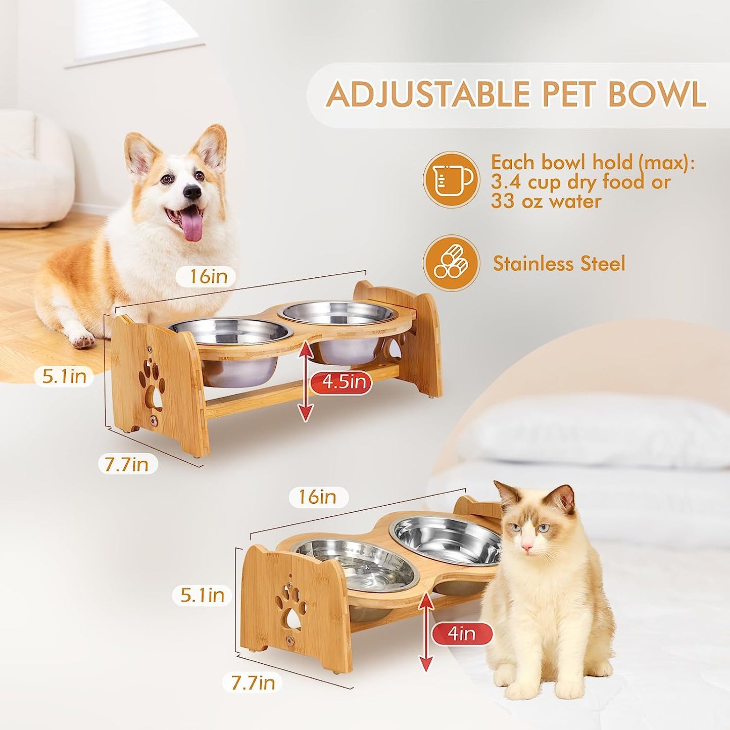 Adjustable Bamboo Elevated Dog Feeder 🐾✨ Non‑Slip, Raised Bowls, Stainless Steel, Digestive‑Friendly