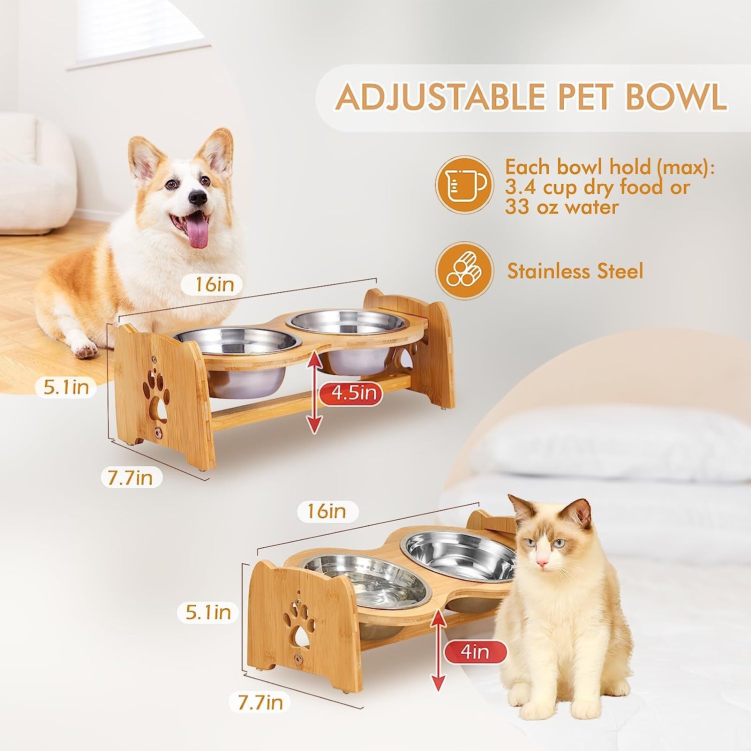 Adjustable Bamboo Elevated Dog Feeder 🐾✨ Non‑Slip, Raised Bowls, Stainless Steel, Digestive‑Friendly