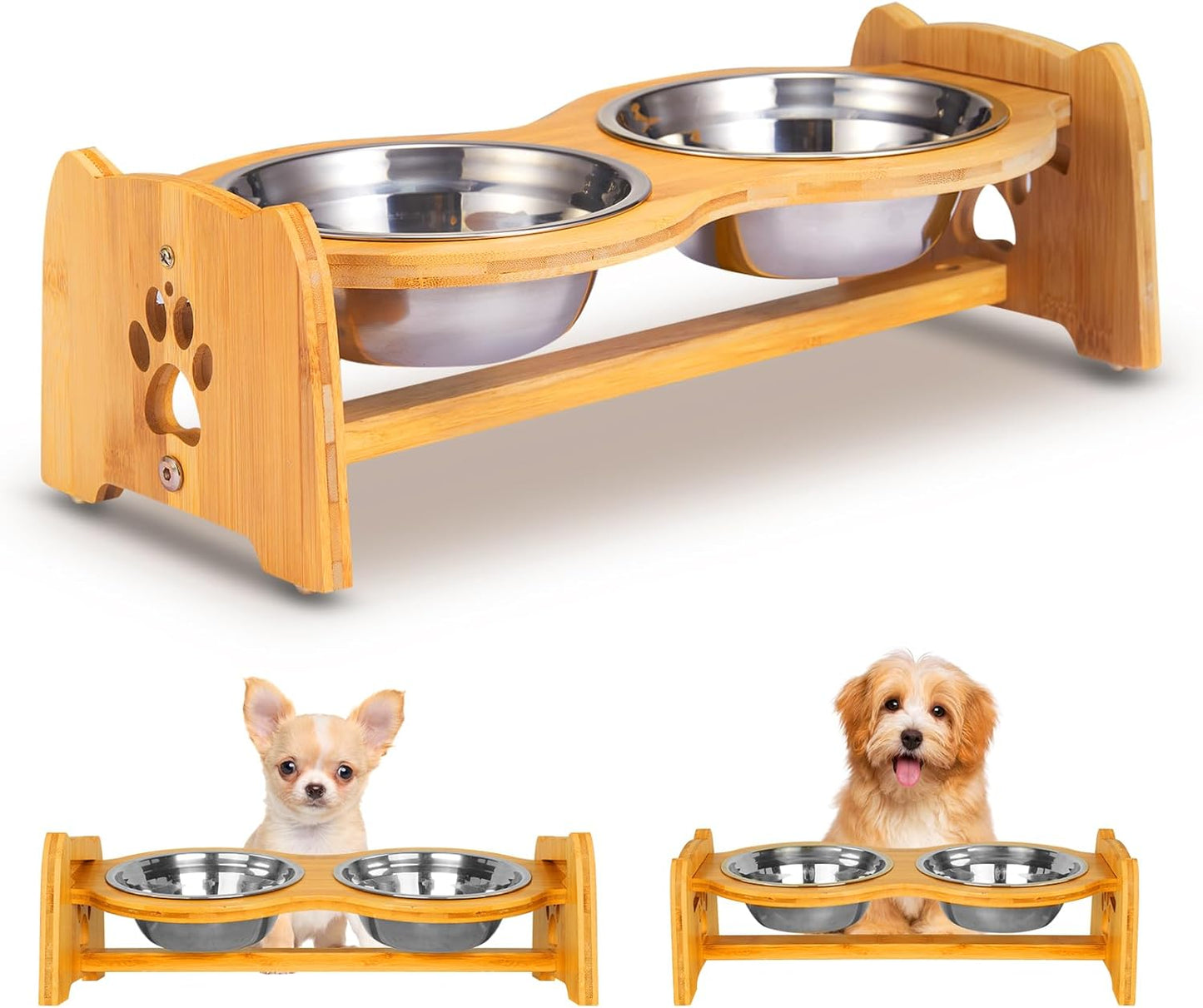 Adjustable Bamboo Elevated Dog Feeder 🐾✨ Non‑Slip, Raised Bowls, Stainless Steel, Digestive‑Friendly