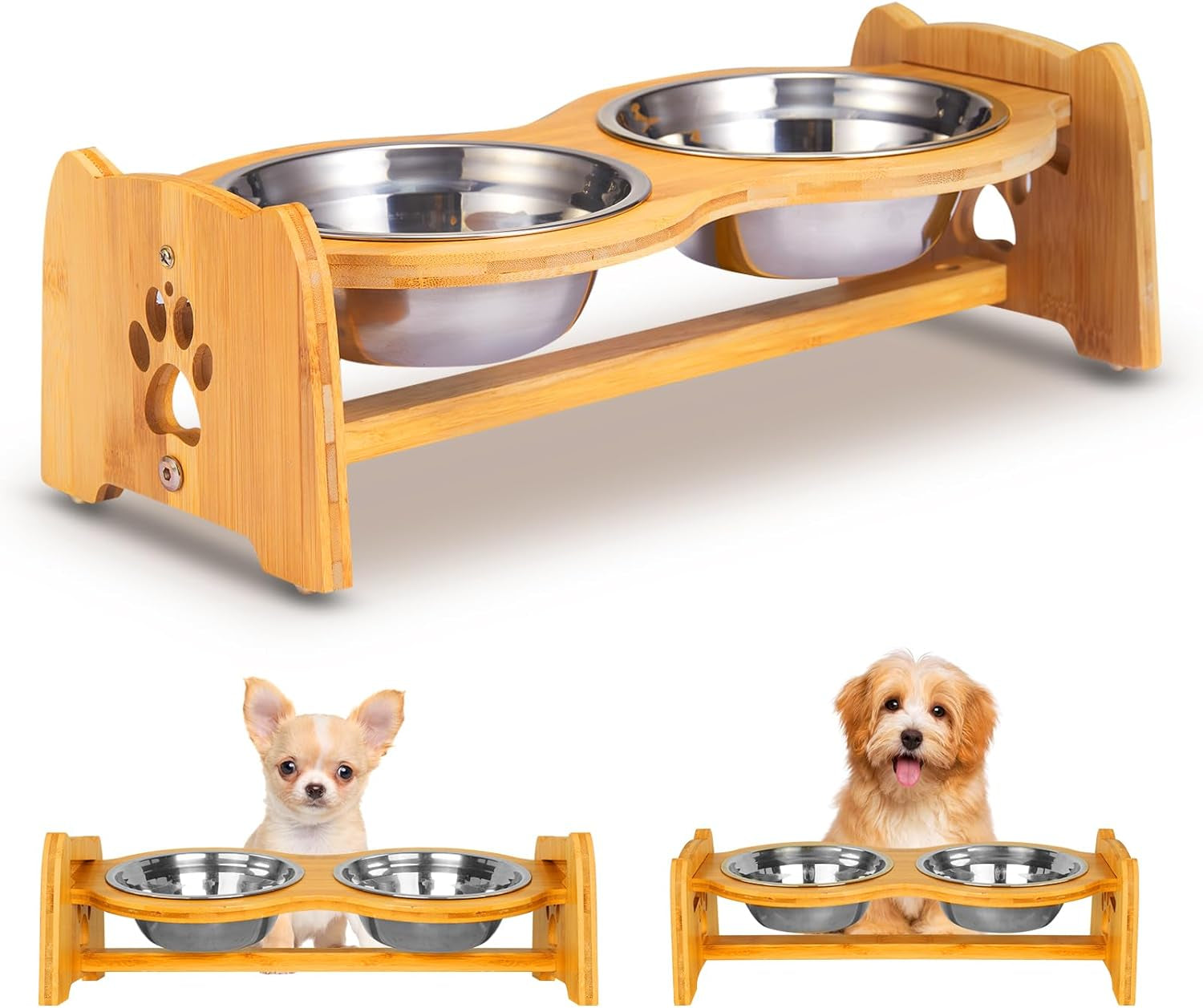 Adjustable Bamboo Elevated Dog Feeder 🐾✨ Non‑Slip, Raised Bowls, Stainless Steel, Digestive‑Friendly
