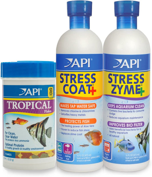 API Aquarium Starter Kit 🐠💧 Stress Coat + Stress Zyme + Tropical Flakes Set