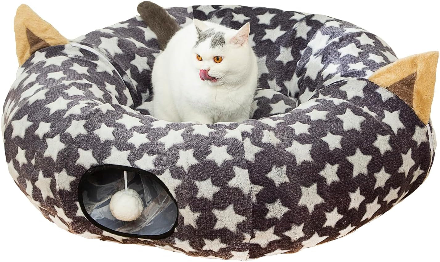 LUCKITTY Cat Tunnel Bed 🐾✨ Plush Cozy Hideaway with Fuzzy Ball Toy for Small Pets