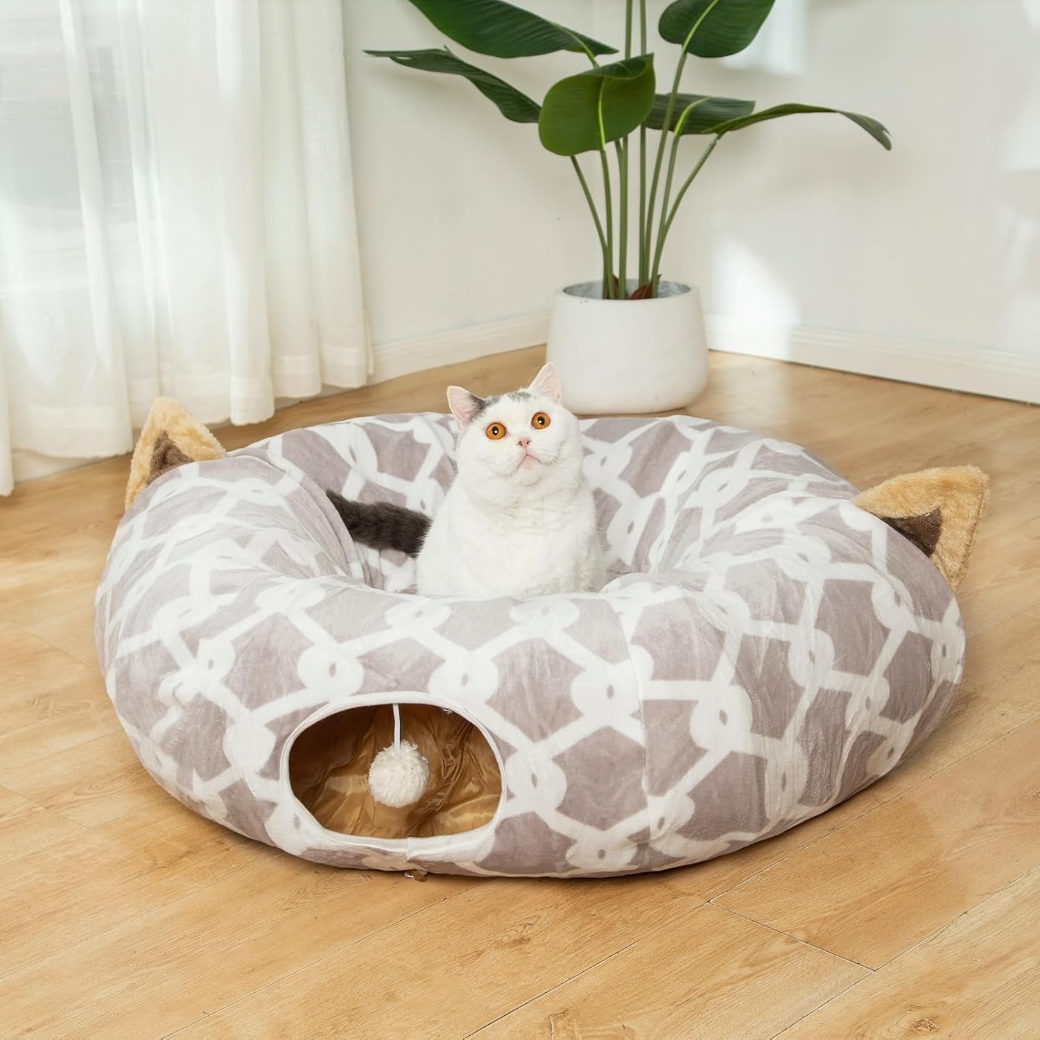 LUCKITTY Cat Tunnel Bed 🐾✨ Plush Cozy Hideaway with Fuzzy Ball Toy for Small Pets